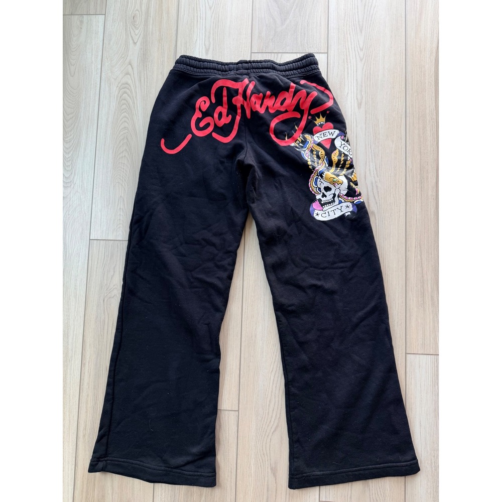 Vintage Ed Hardy Sweatpants Womens Small Black Skull New York City Wide Leg